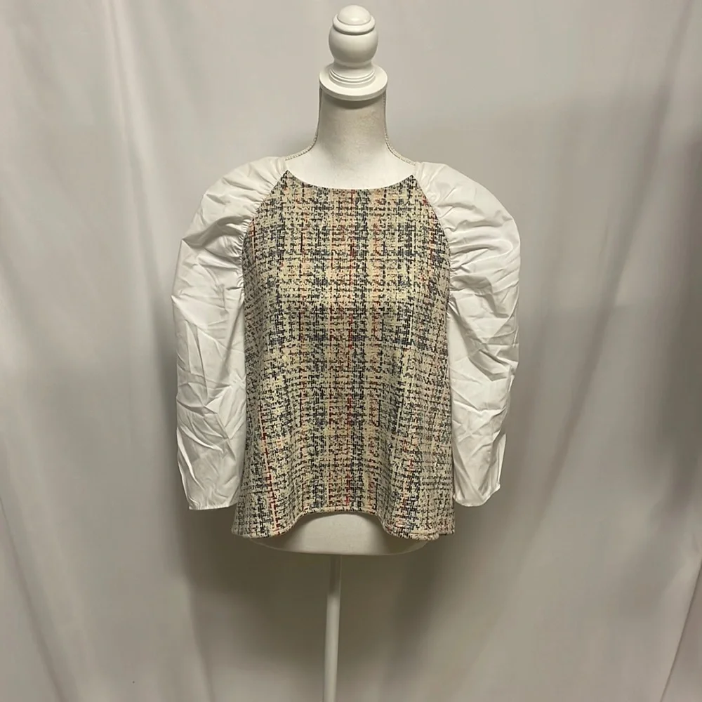 Zara contrast faux leather puff sleeve top